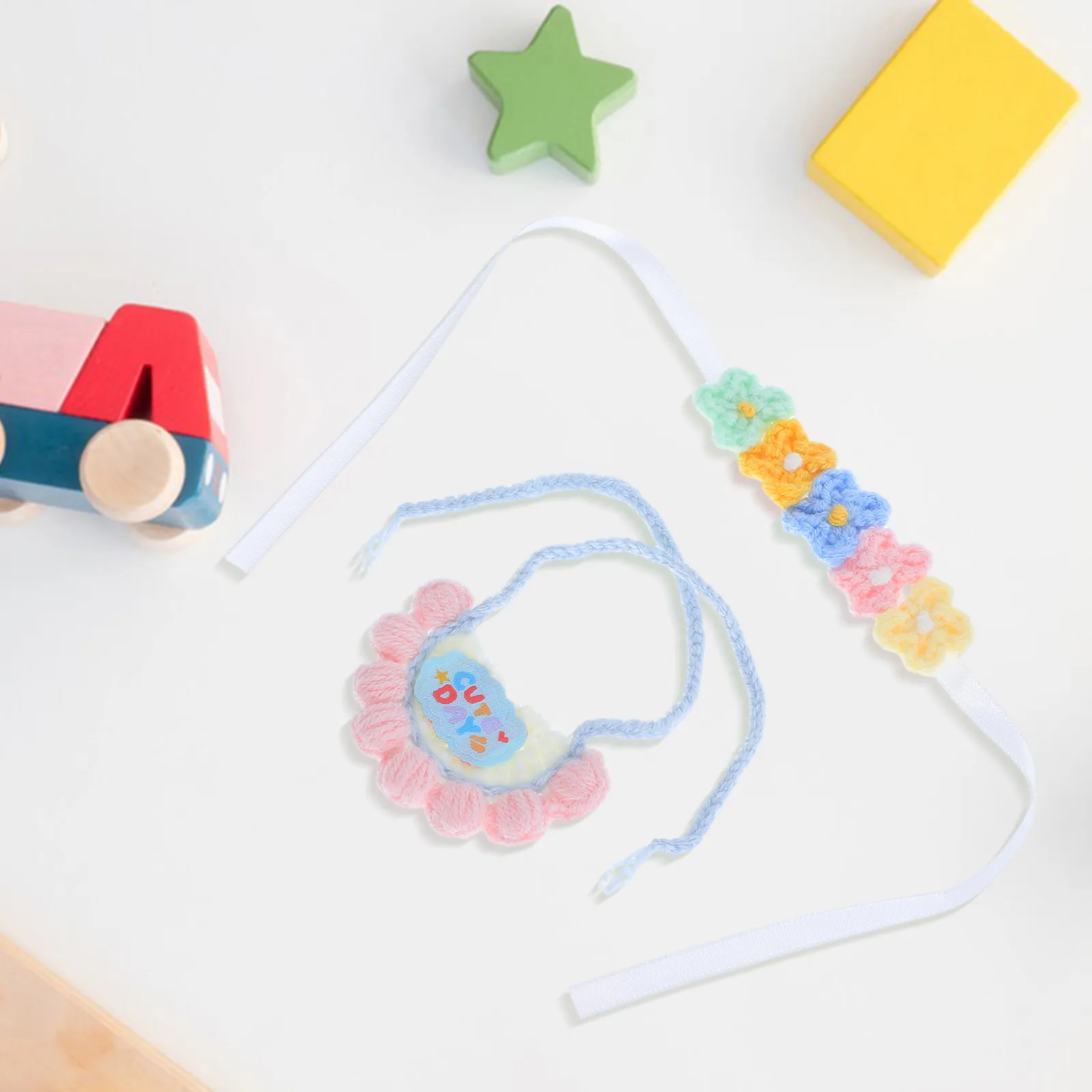 1Set Knitted Bib and Flower Headband Reusable Stuffed Animal Bear Accessories for Figures Baby Girls