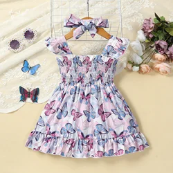 2Pcs Adorable Butterfly Print Dress & Bow Headband Set for Baby Girls 2023 Summer Infant Newborn Clothes