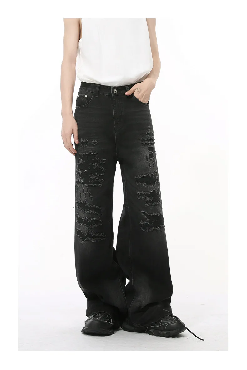 IEFB High Street Men's Denim Pants Hole Worn-out Streetwear Trousers Straight Wide Leg Casual Male Jeans New Autumn 2024 9C8513