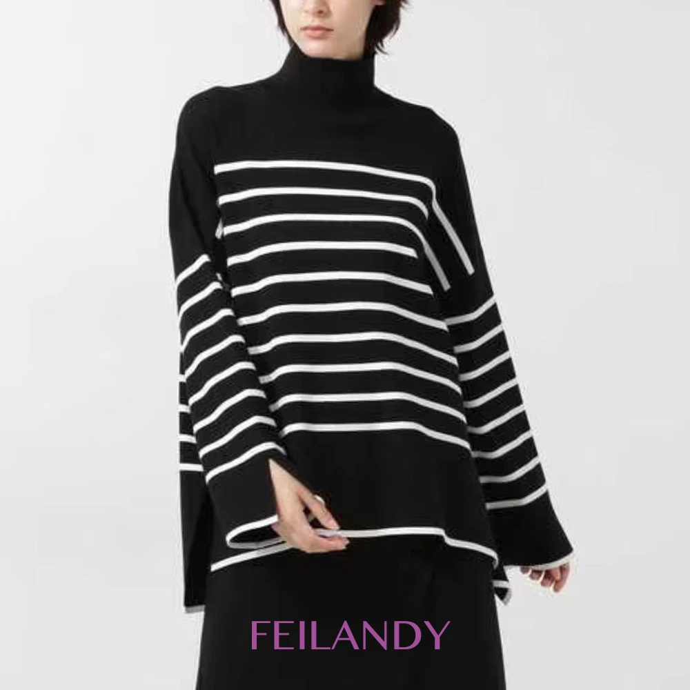 

Feilandy Stripe Sweater Women Autumn Winter New Loose Casual Thick Pullover Female Warm Soft Sweaters Turtleneck Fashion Jumper