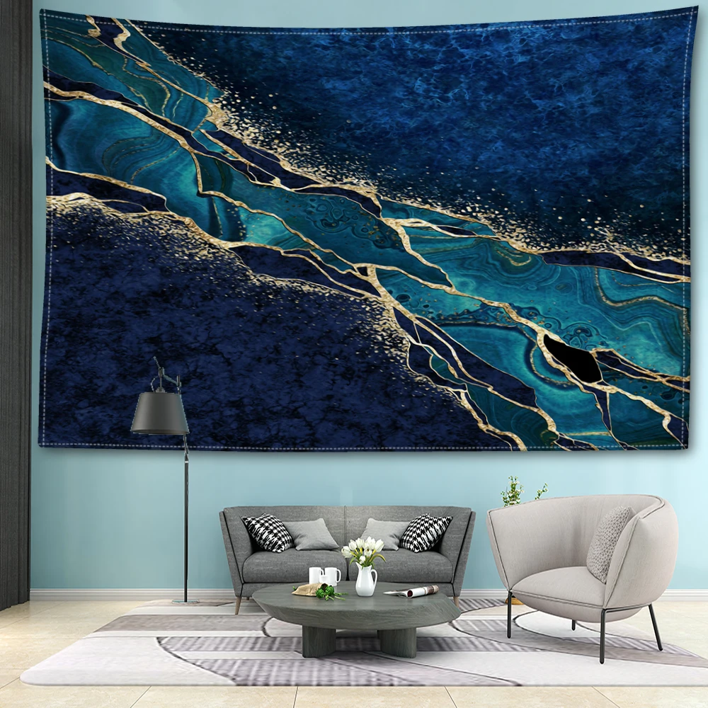 Blue green gilded marble printed tapestry, minimalist modern style bedroom study living room wall hanging art wall decoration