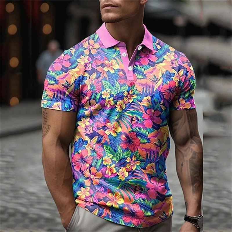 Flowers Men\'s Casual Print 3D Outdoor Daily Wear Streetwear Polyester Short Sleeve Turndown Polo Shirts Purple Autumn Clothing