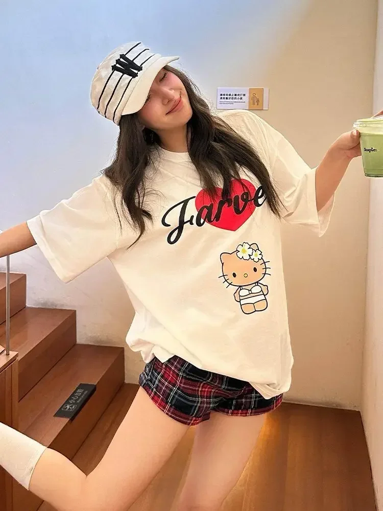 Sanrio Hello Kitty Comic Parent Child Tee Men's Women's White Retro Cool Graphic Art Print Oversized Short Sleeve Streetwear Top