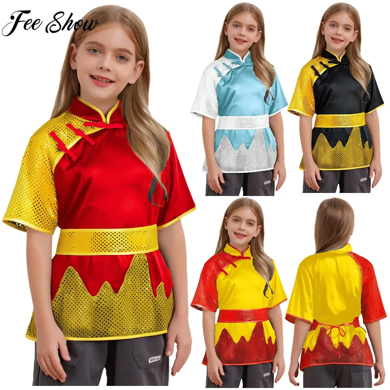 Boys Martial Arts Tops Performance Costume Knot Buttons Mandarin Collar Short Sleeve Color Block Shiny Sequins Top with Belt