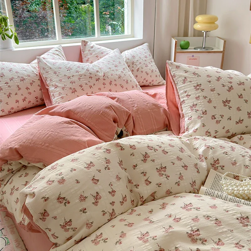 Floral print French Style Bedding Set Bubble cotton Duvet Cover Set Washed Cotton Flat Sheet set Queen For Girl Decor Home