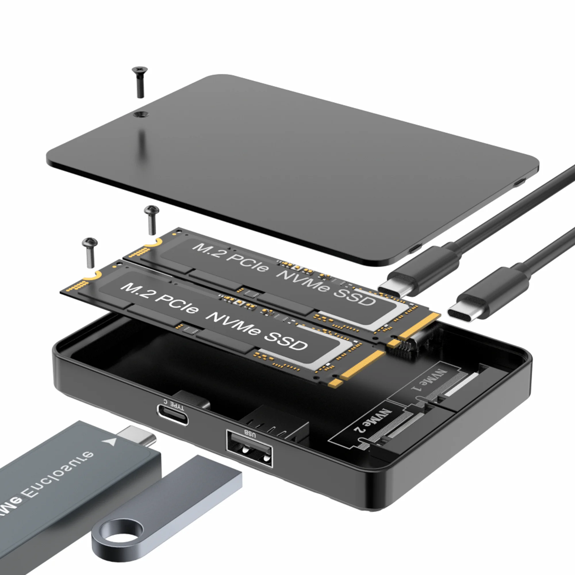 USB3.2 Dual Bays M.2 NVME SSD الضميمة RGB 10Gbps PCIe NVME محطة الإرساء GEN2 الحالة الصلبة M.2 صندوق القرص الصلب محول للكمبيوتر