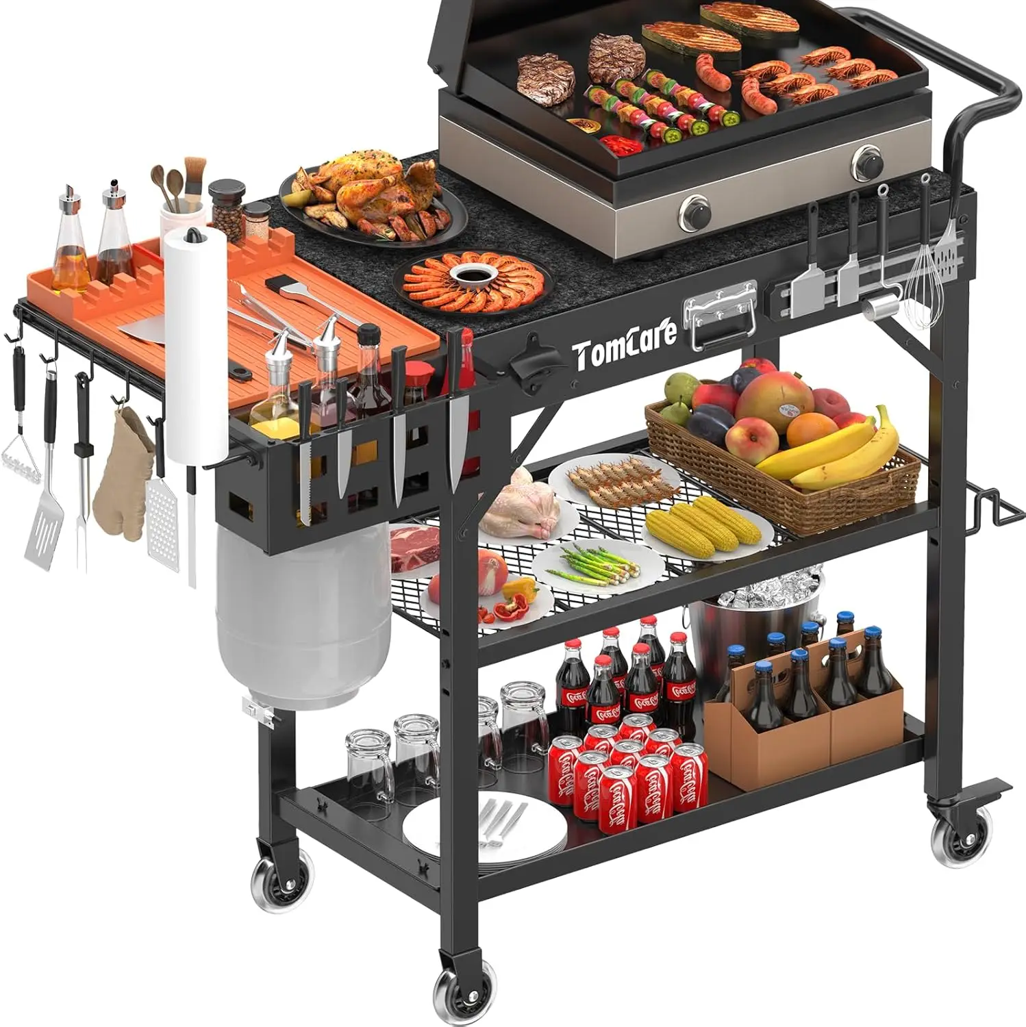 

Heavy-Duty Outdoor Grill Table with 3-Tier Storage, Lockable Wheels & Silicone Mat - Supports 500Lbs