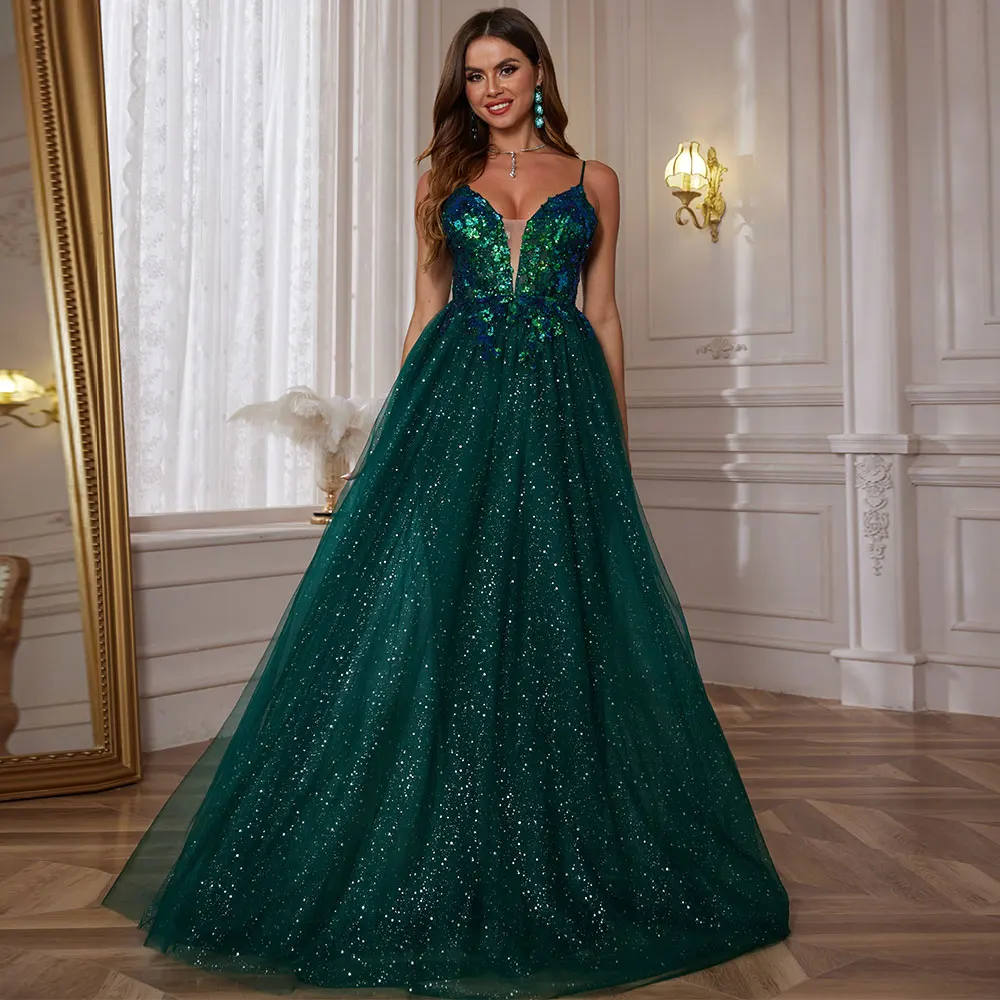 Luxury Beaded Evening Gowns For Women Formal Tulle V Neck Sparkly Prom Dresses 2024 Appliques Spaghetti Straps Ball Gown