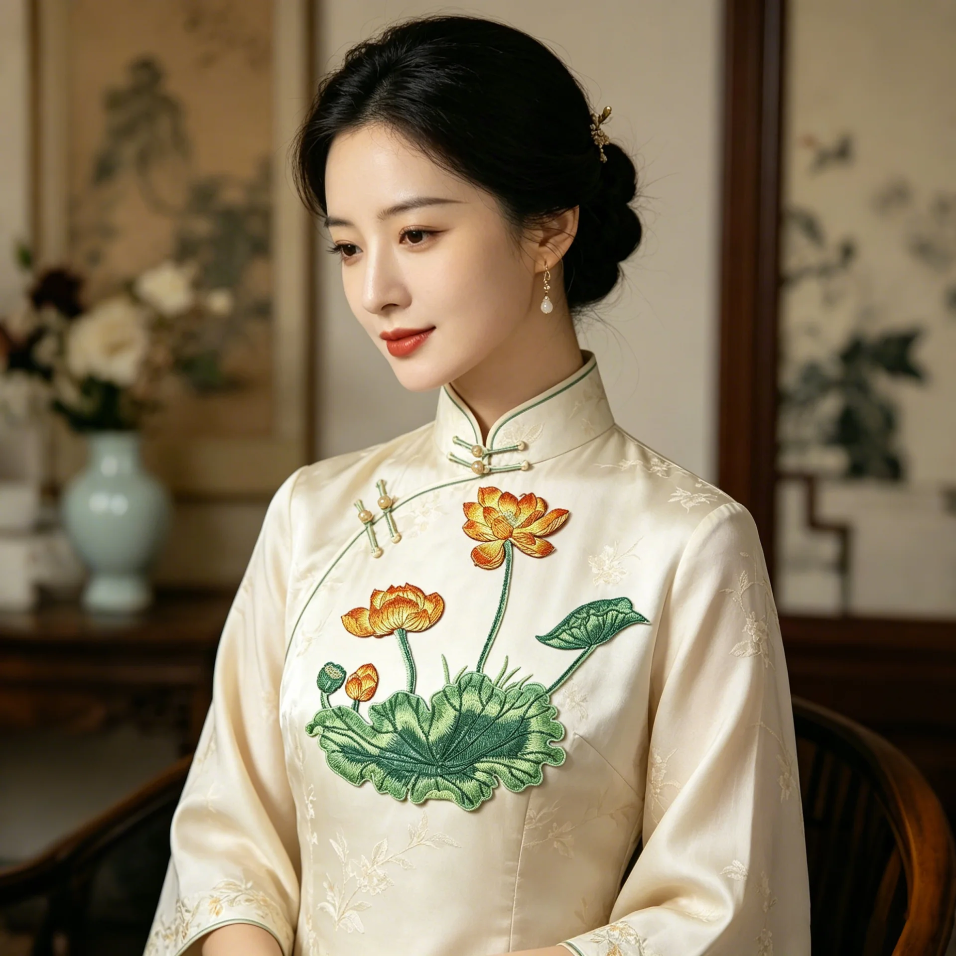 Neuer chinesischer orange-gelber Lotus-Aufnäher zum Aufnähen, ohne Kleber, Hanfu Qipao Kissenstoff, dekorative Applikation, DIY-Bastelbedarf – Detail 1