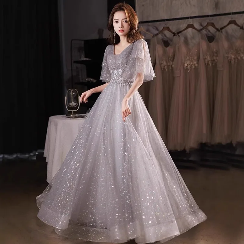 

2025 Women's New Summer V-neck Grey Sequin Embroidered Evening Dress Women's Fashion Banquet Sequin Horn Sleeve Long Dress