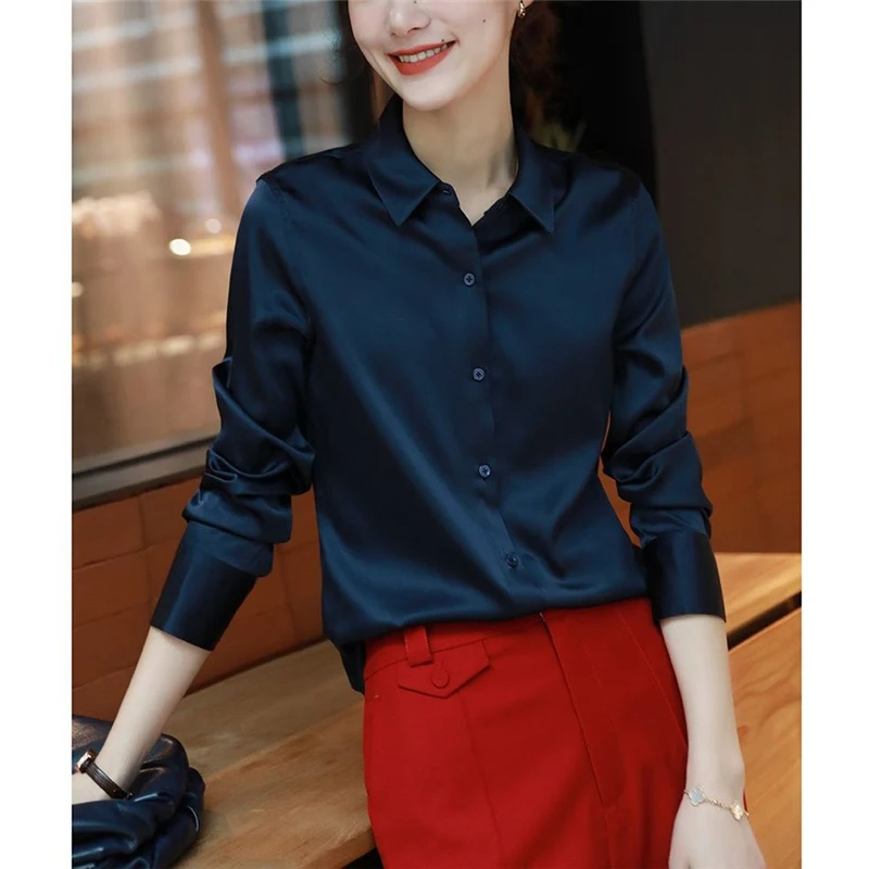 High Quality Satin Elegant Luxury Designer Office Lady Commute Button Up Shirt Fashion Long Sleeve Tops Blouses Women\'s Clothing