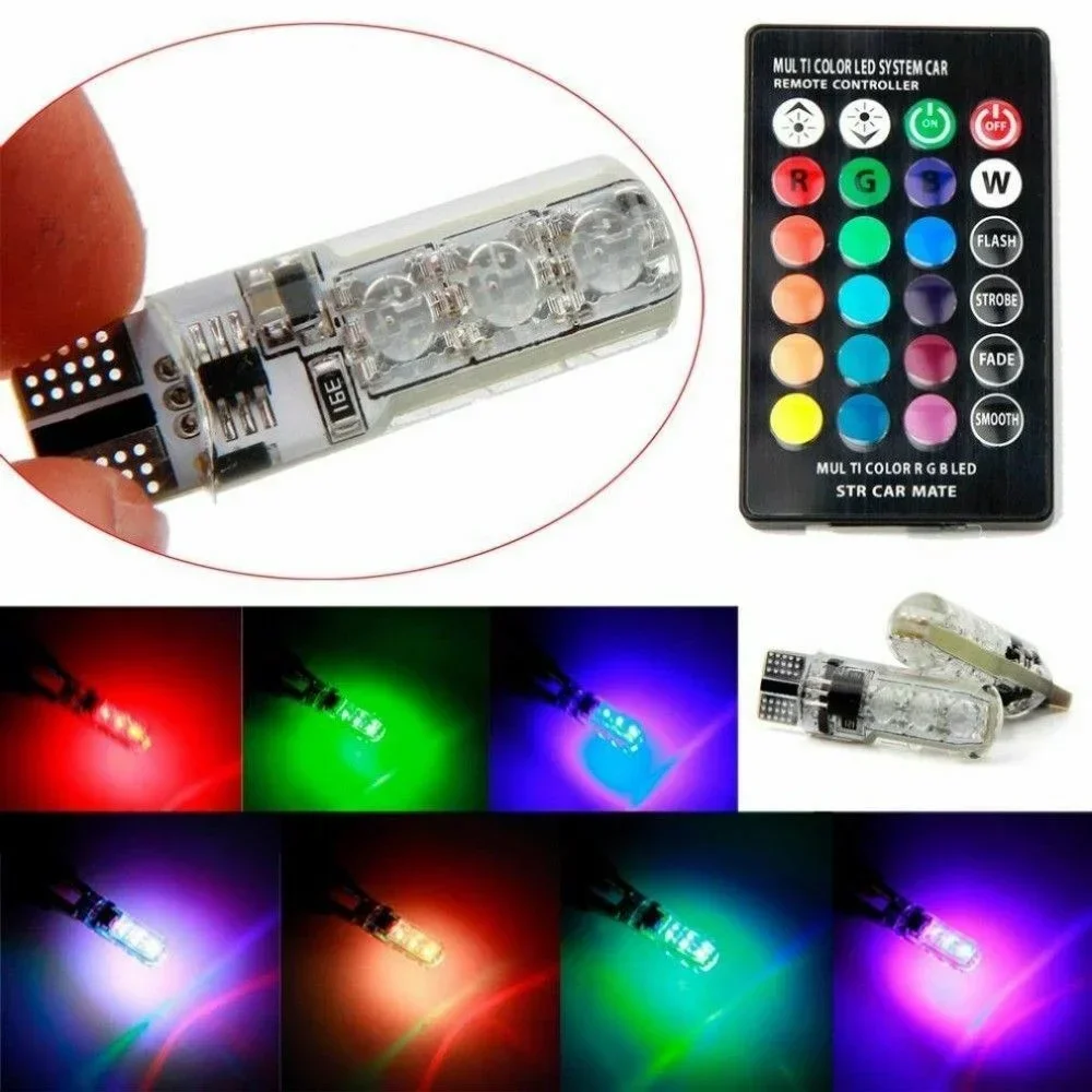 2 luzes de parque led rgb t10 para lâmpada de carro, 6 chips smd super coloridos, mudança de cor, controle remoto, lâmpada aotu com 12v 24v