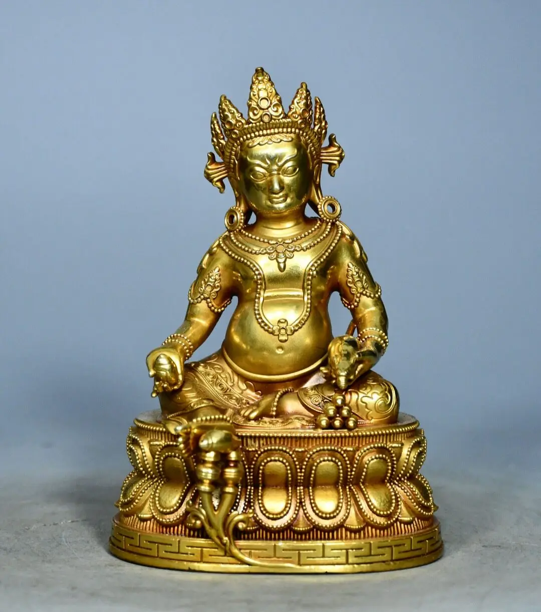 Tibetan brass gilt antique yellow God of Wealth Buddha statue home hall ornament incense case desktop car small supplies 13cm