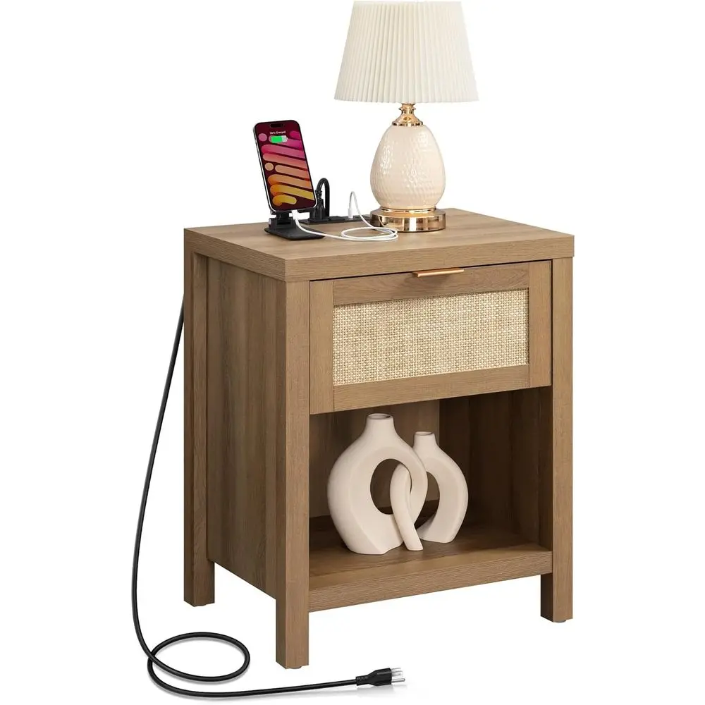 Rattan Night Stand with Charging Station - armhouse Nightstand with Type-C and USB Ports, Boho Accent Bed Side Table with Der an