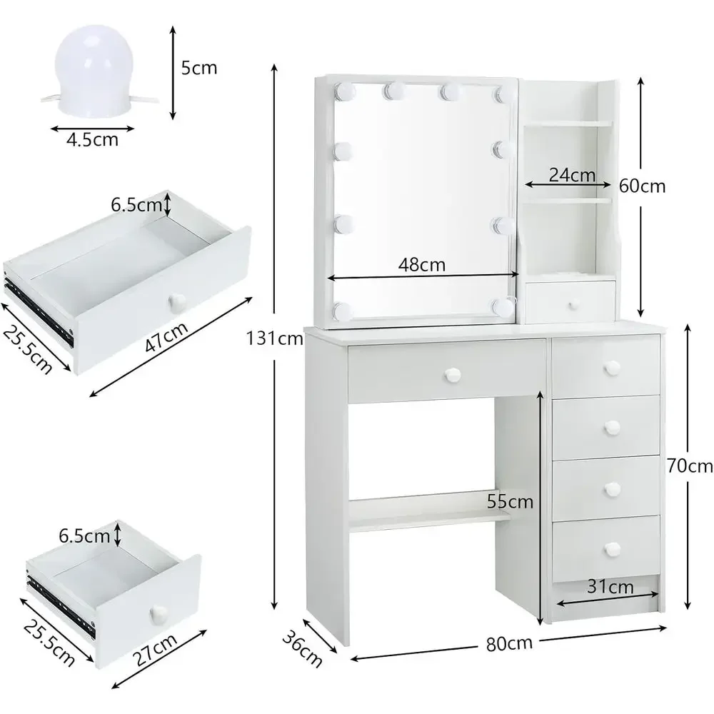 Makeup Vanity with Sliding Mirror and LED Lights, 3 Adjustable es Vanity Desk with 6 Storage Ders & 3 Open Shelves, Dring Table