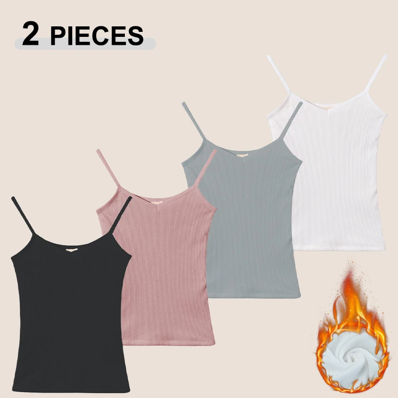 2PCS T-shirt Sleeveless Tops Women Winter Warm Underwear Solid Color Thermal Casual Nightwear Sexy Elasticity Female Thin Velvet