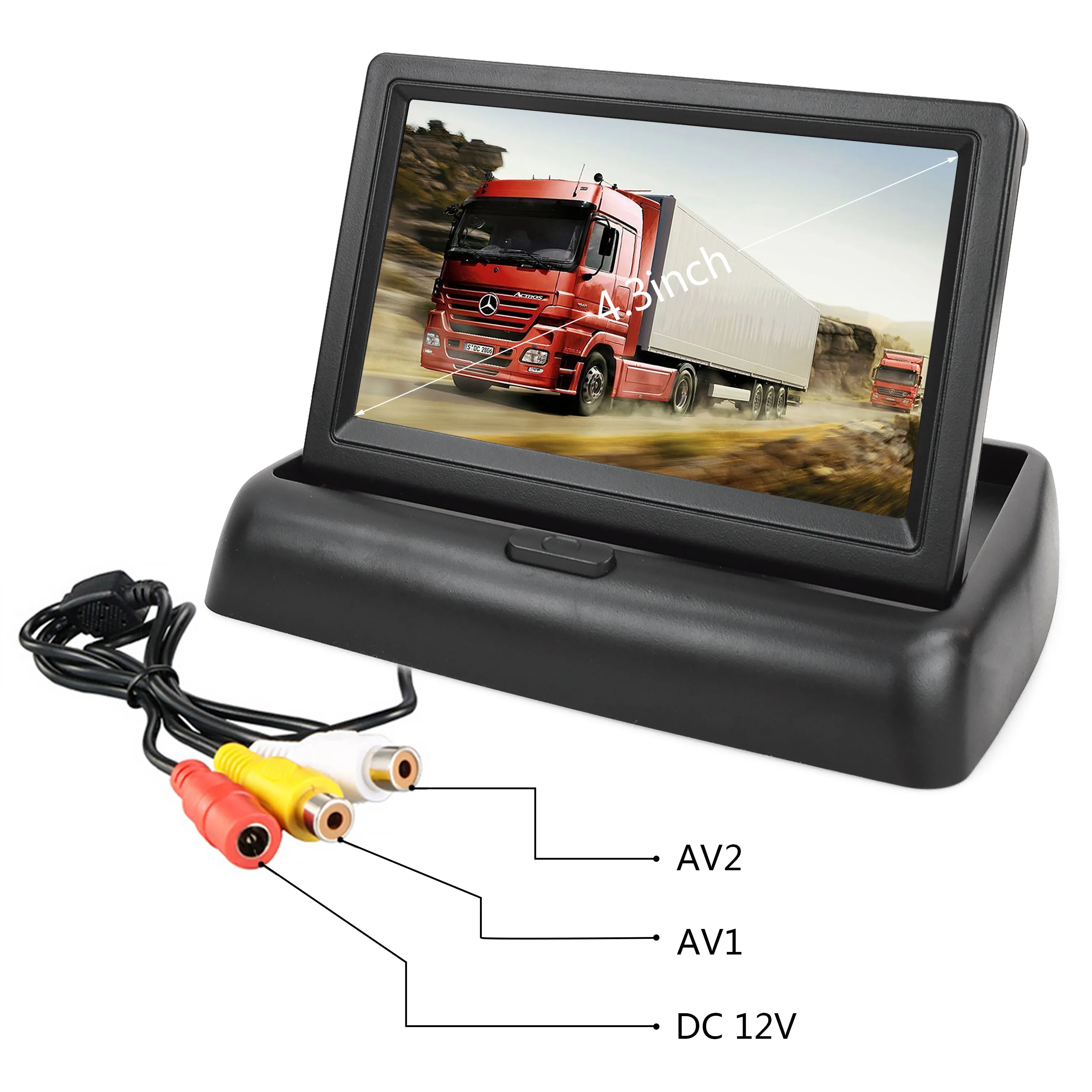 4.3in Auto Foldable Monitor with Universal Rear view camera kit TFT LCD screen display for 2 RCA Video Channels DVD Media Player