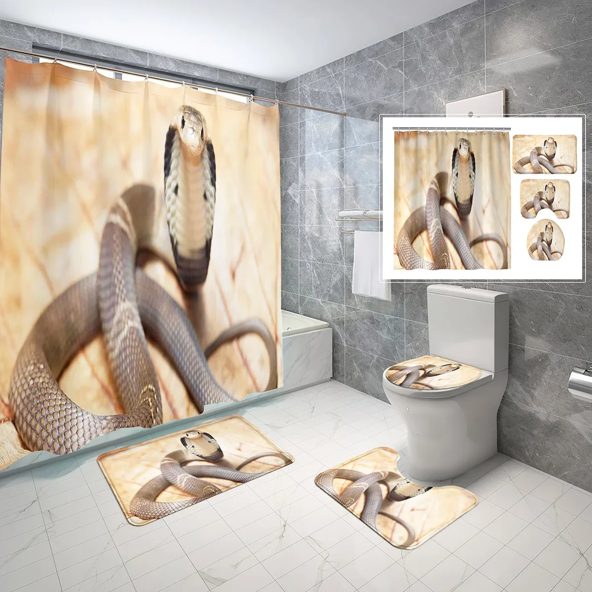 Wildlife Snake Shower Curtain Set Cobra Realistic Picture 4 Pcs Shower Curtain Bathroom Non-Slip Bath Mat Toilet Cover