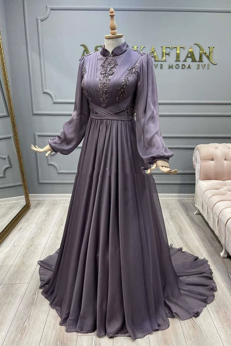 Purpl Moroccan Kaftan Muslim Evening Dresses A-line Long Sleeves Chiffon Bead Dubai Arabic Abaya Islamic Evening Gown Customized