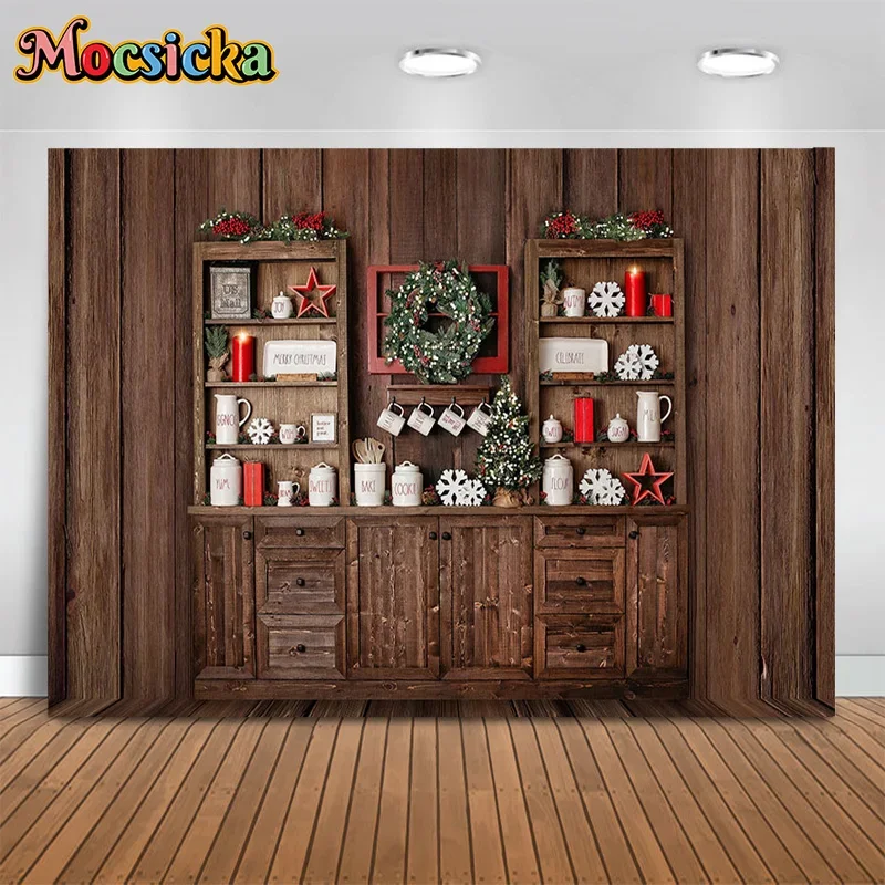 Mocsicka Christmas Photography Background Kitchen Dining Cabinet Xmas Wreath Backdrop New Year's Eve Party Family Portrait