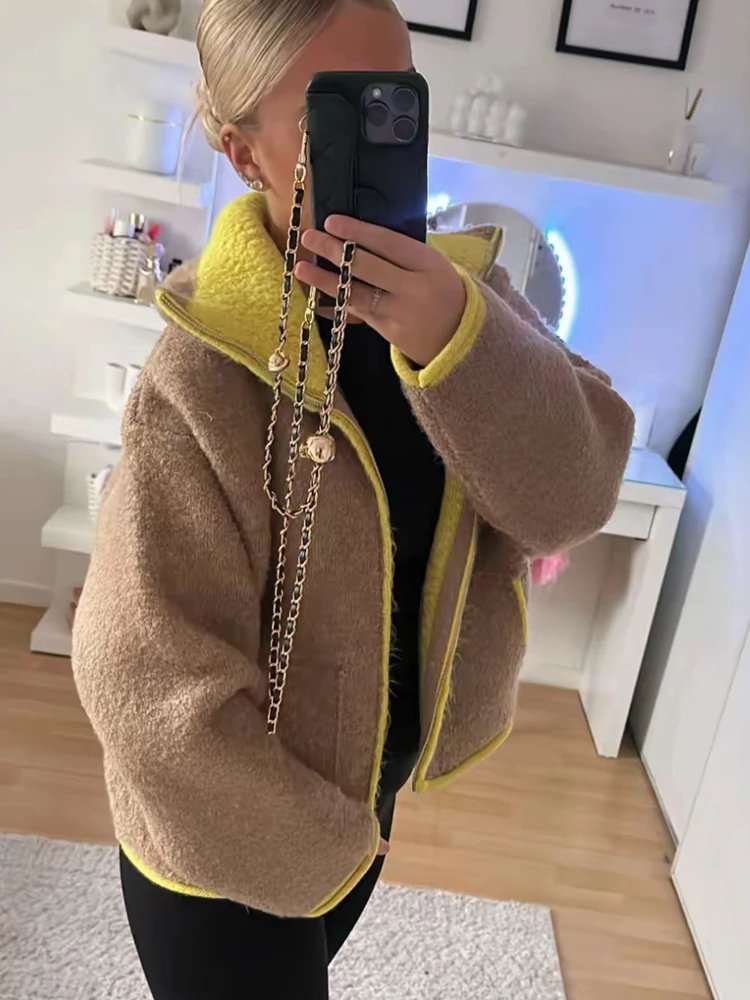 2026 ربيع جديد التباين سترة مشغولة من الصوف جاكيتات للنساء أنيقة طويلة الأكمام جيوب سستة سترة الشارع سيدة شيك أبلى #2