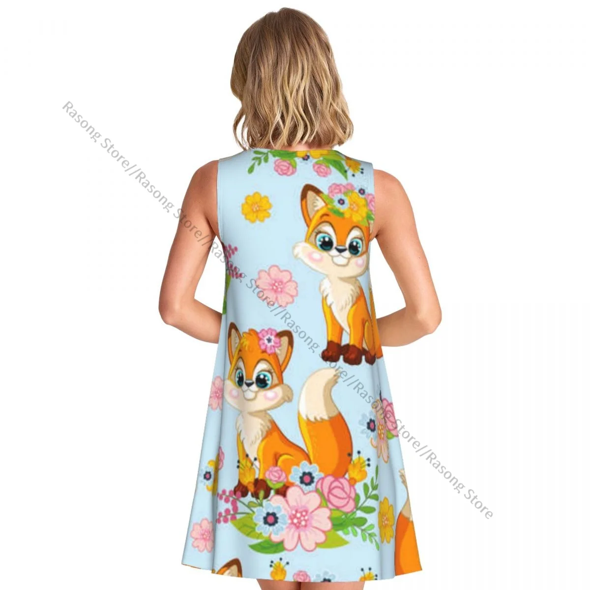Women's Dress Cute Fox Background Summer Casual T Shirt Beach Cover up Tank Dress