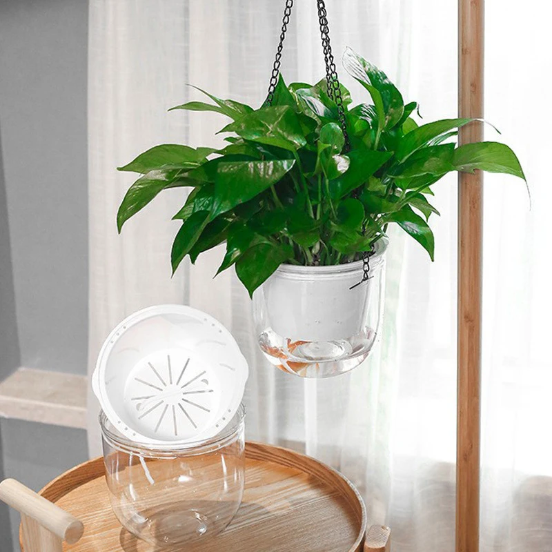 1Pc Hanging Flowerpot Self Absorbing Water Planter Thickened Plastic Planter with Wick Rope Hydroponic Soil Cultivation Pot