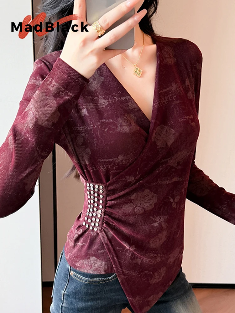 

MadBlack-женская европейская футболка, сексуальный V-образный вырез с ромбовидным принтом, уличная тонкая трикотажная футболка с длинными рукавами S-3XL, осень 2021, T5O651CC