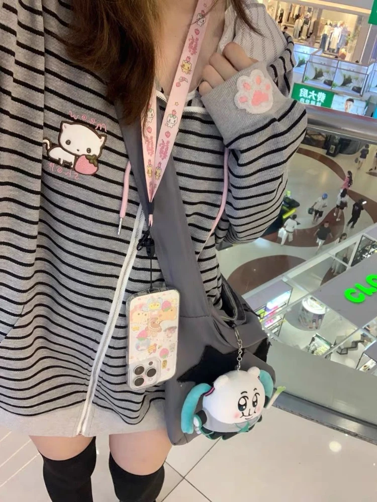 HOUZHOU Gray Cat Embroidery Women Hoodies Cutecore Striped Japanese Style Kawaii Sweet Zipper Sweatshirt Loose Cat's Ears Preppy