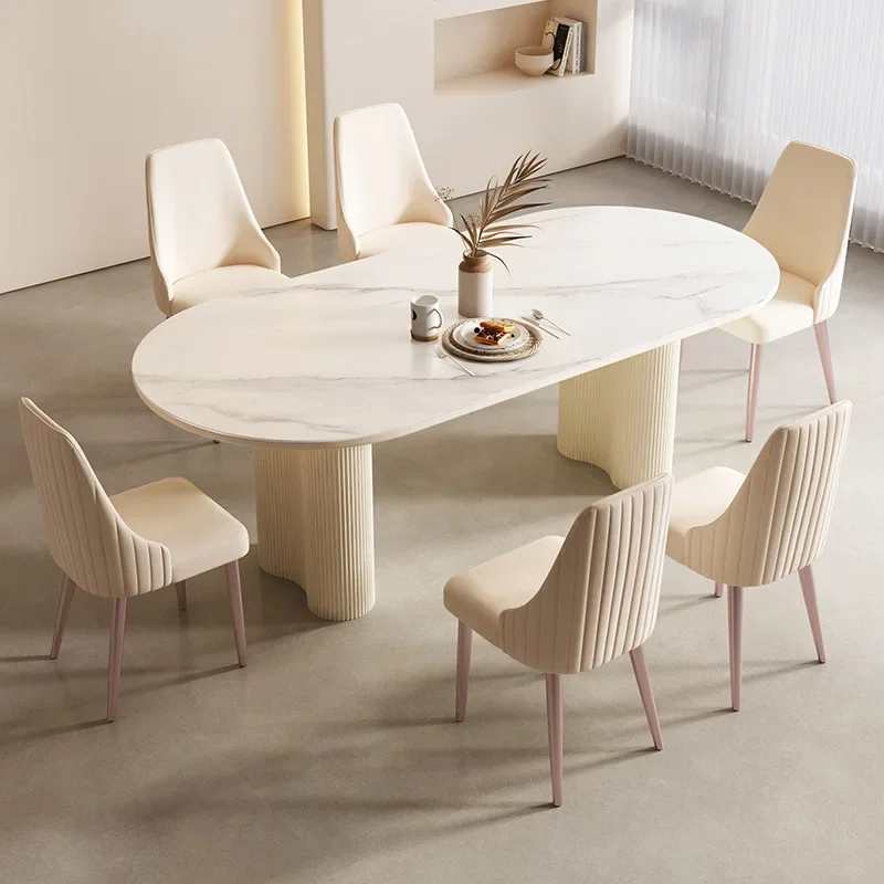 Nordic Minimalist Cream White Oval Sintered Stone Dining Table Set 6 Chairs Marble Restaurant Table Chair Dining Room Furniture