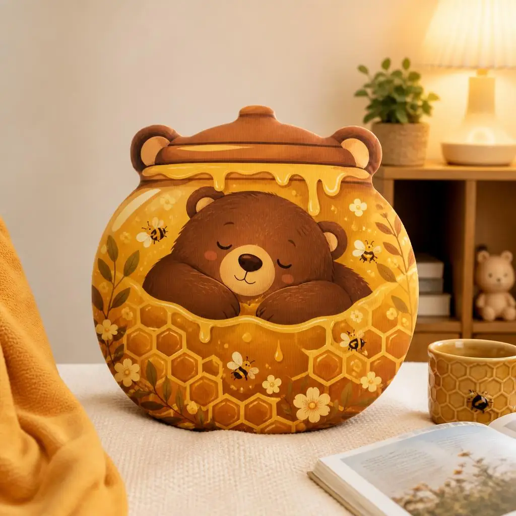 Sleepy Bear Plush Pillow Honey Jar Cushion Cute Woodland Throw Pillow Irregular Stuffed Cozy Nursery Sofa Decor Gift