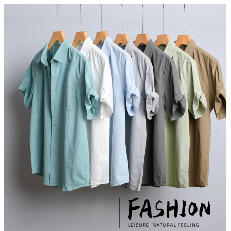 2024 Summer New Casual Pure Cotton Thin Short Sleeve Shirts Men Clothing Soft Solid Color Streetwear FY969