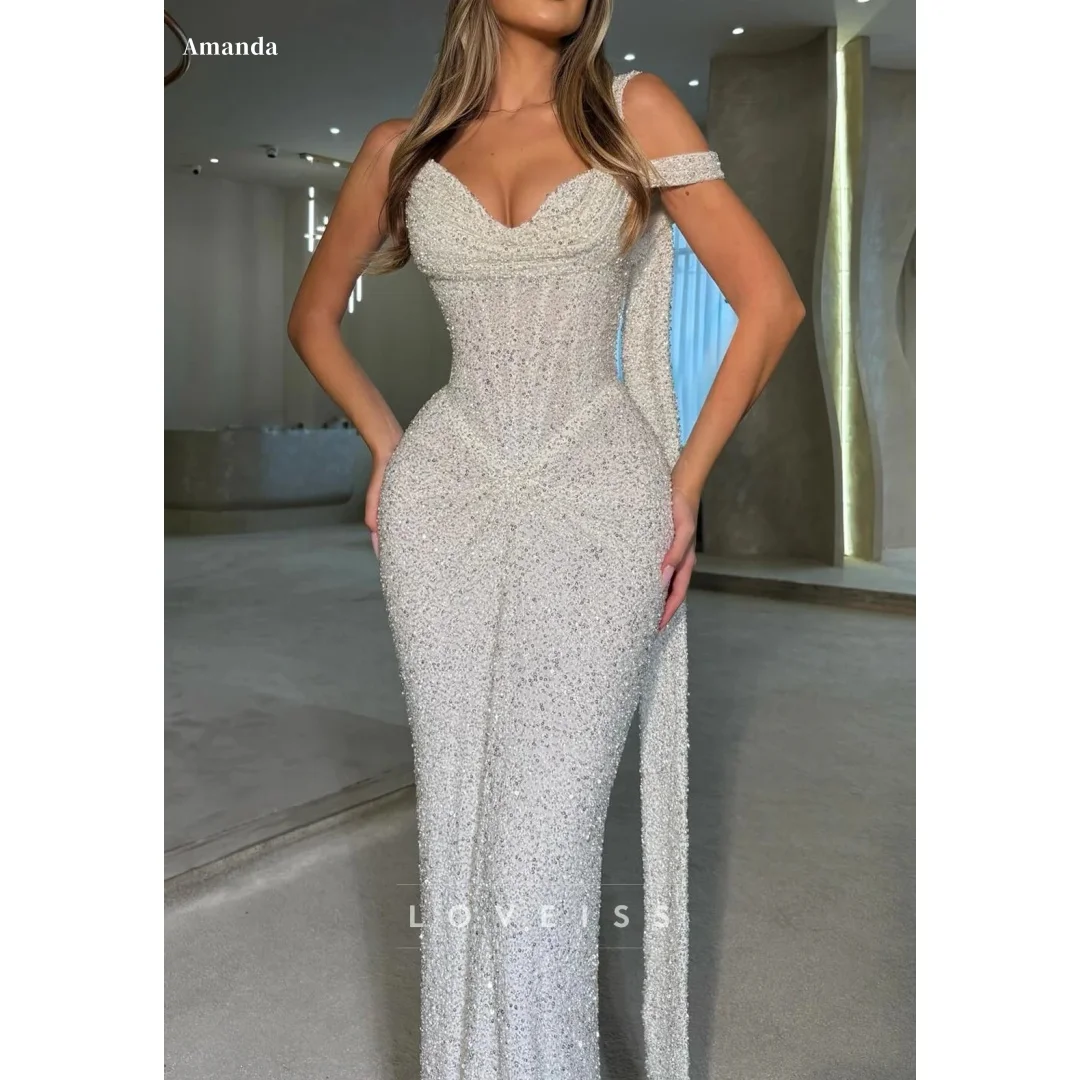 فستان أماندا مخصص بالترتر الأبيض مطرز بالخرز للحفلات الراقصة بدون حمالات بدون أكمام من فيستدوس دي نوش بطول الأرض للسهرات الرسمية #1