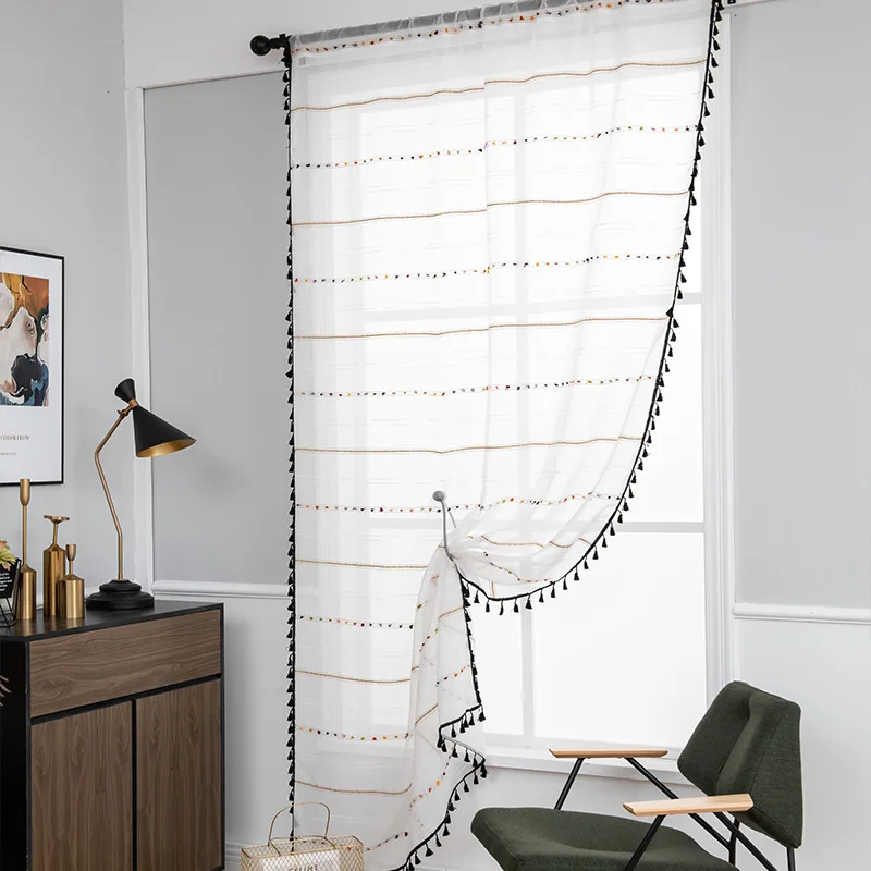 

Curtain Stripe with Tassel Modern Style White Sheer Window Curtains for Living Room Bedroom Decoration 2 Panels Farmhouse Drape