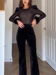 New Sequined Black Feathers Round Neck Gold Velvet Stitching Long-Sleeved Jumpsuit Casual Women's Sexy Long Sleeve Jumpsuit