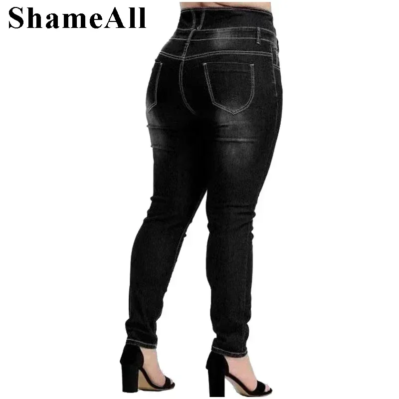 Plus Size Button Up Slim Skinny Dark Blue Full Length Jeans 4XL 5XL Women High Waist Stretch Thin Denim Pants Lady Trousers