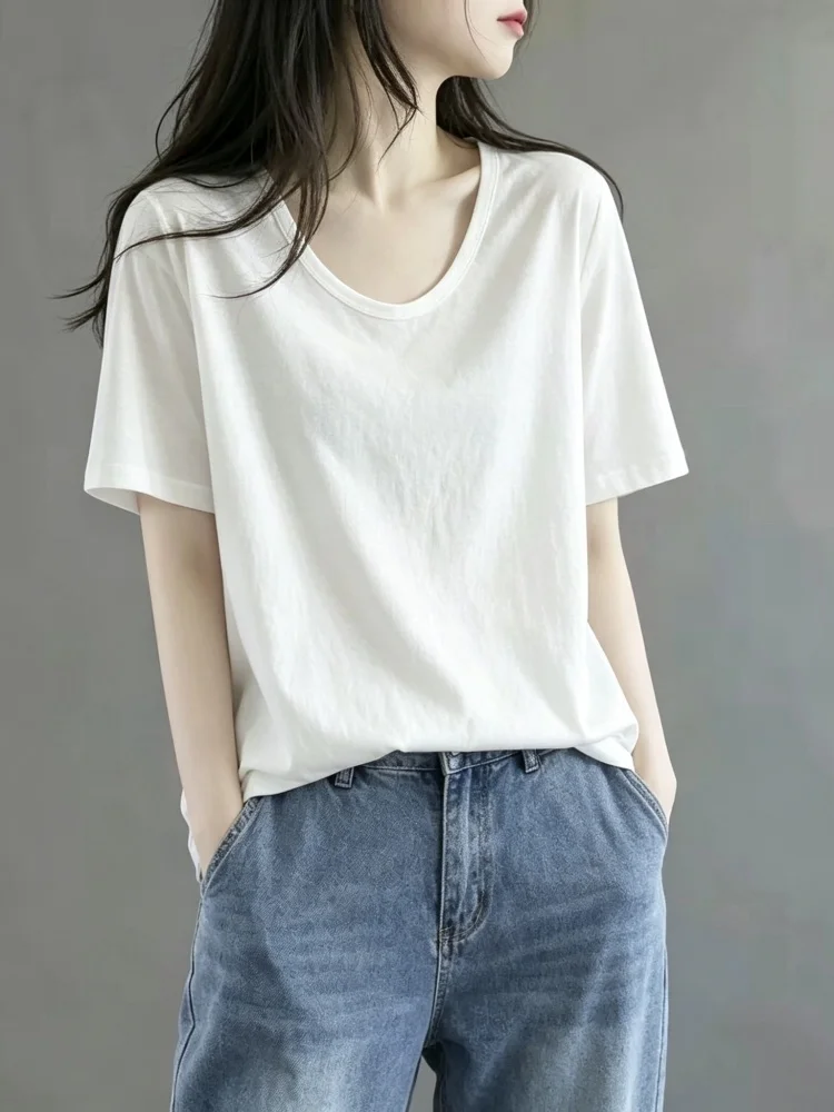 Loose Casual V-Neck Short Sleeve T-Shirt Women's Summer New Style European Version Black Shoulder High Waist Versatile Top