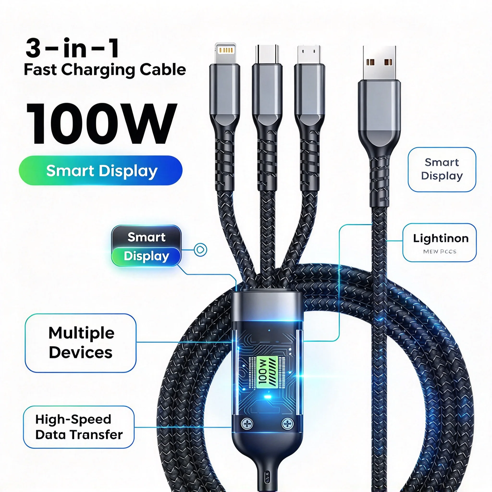 3 In 1 MFi Transparent Pilot Lamp Super Fast Charging Cable 6A Universal with Type C Usb Micro for Samsung for Huawei for Iphone