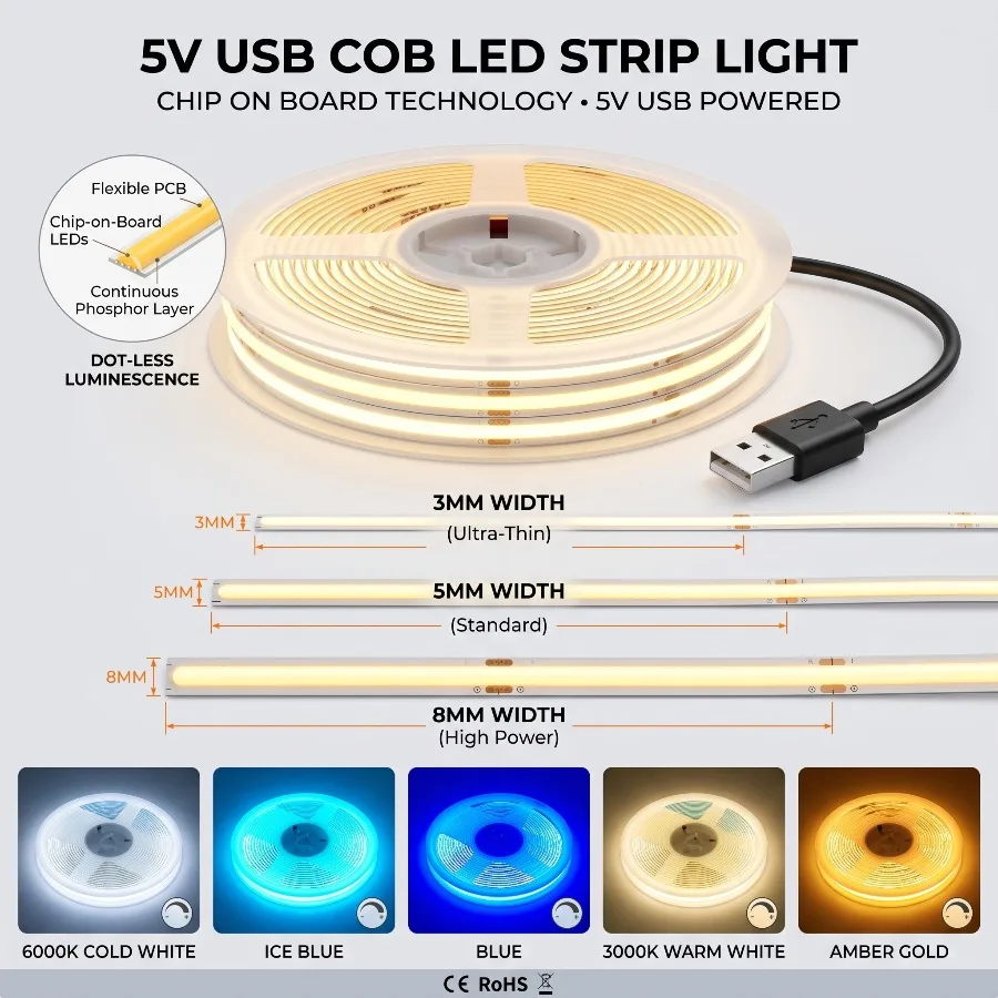 3/5/8MM 5V USB High Density Light Strip 320 400LEDs/M Dimmable COB LED Flexible Tape Light Bar TV Kitchen Bedroom Decoration