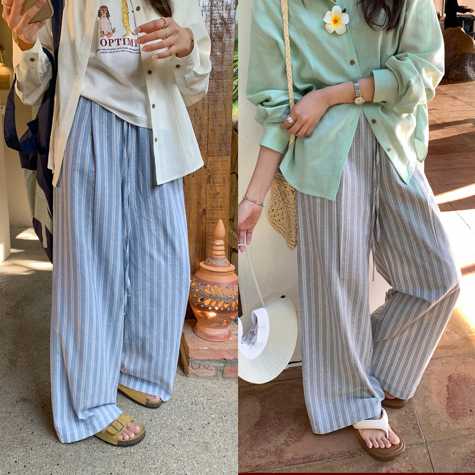 

Sisilyon Spring Summer Casual High Waist Wide Leg Pants Women's Small Size Walking Striped Loose Sle Comfortable Cotton