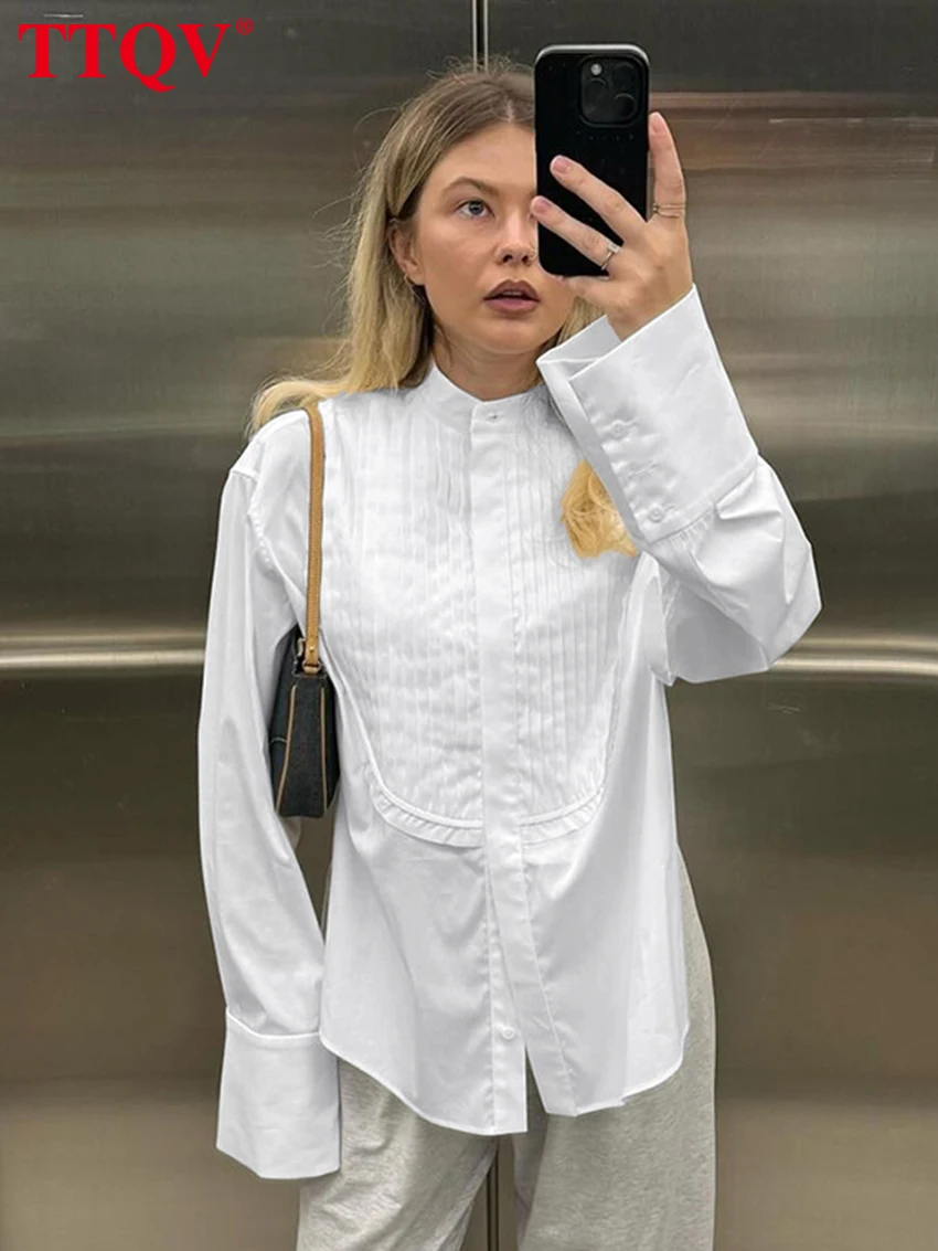 

TTQV Модная свободная белая женская блузка 2026 Весна, с воротником-стойкой, длинным рукавом, элегантная классическая рубашка, женская одежда