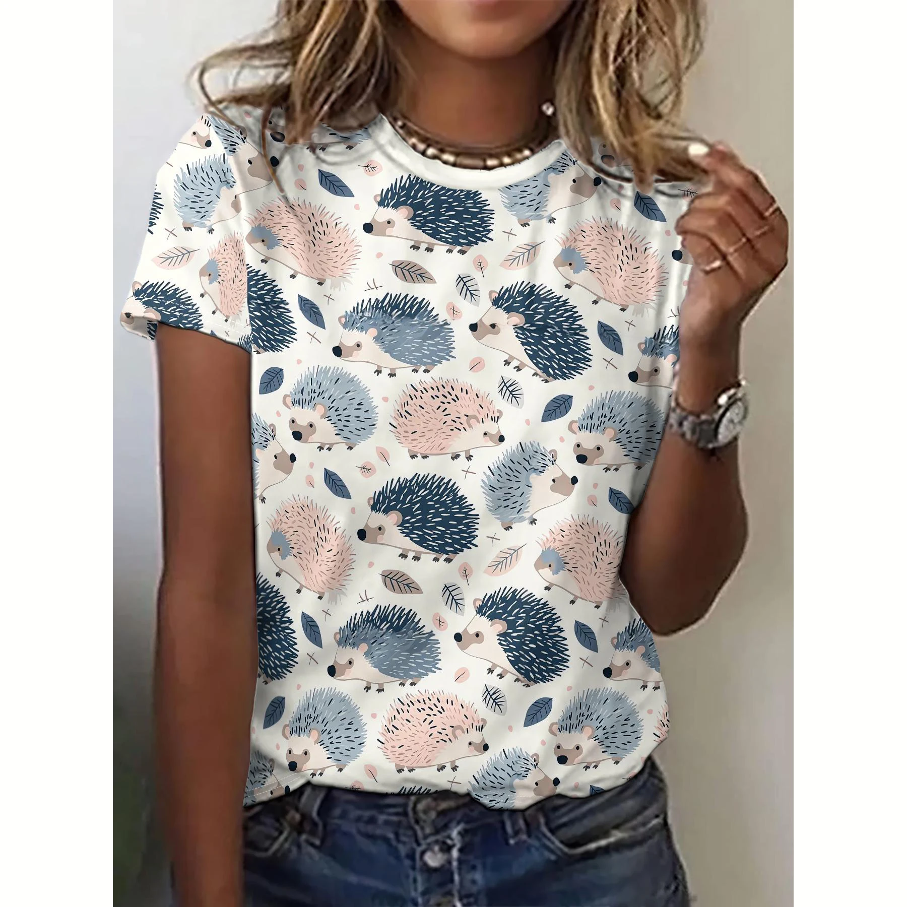 Summer Women\'s T Shirt Animal Hedgehog Print Casual O-Neck Short Sleeve Pullover Daily Outdoor Female T-Shirt Overszied Clothing