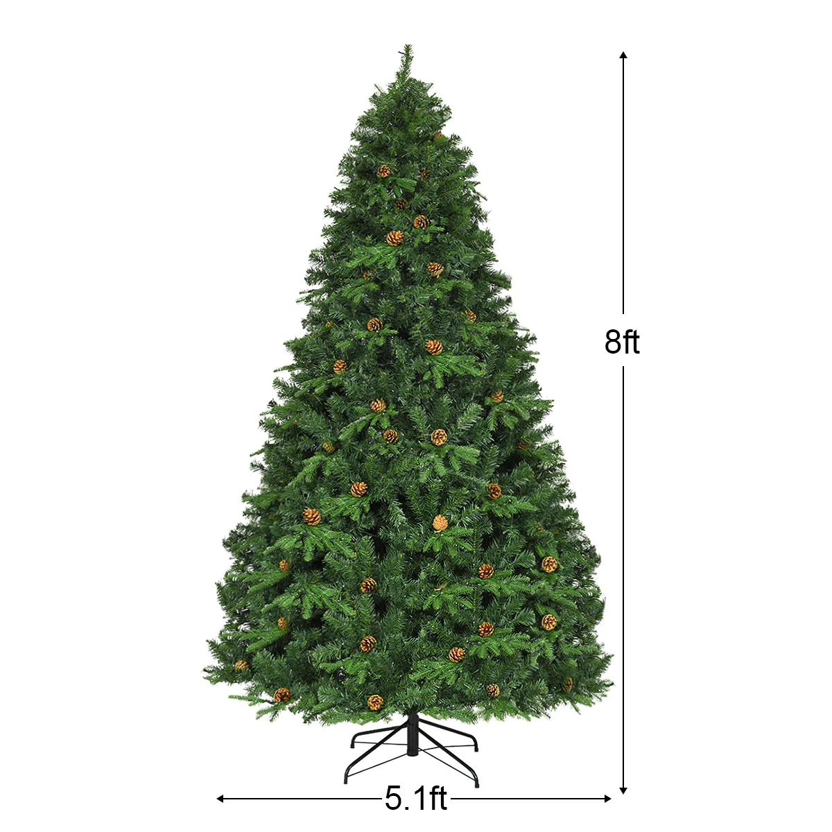 8Ft Pre-Lit Artificial Christmas Tree Hinged with 600 LED Lights & Pine Cones