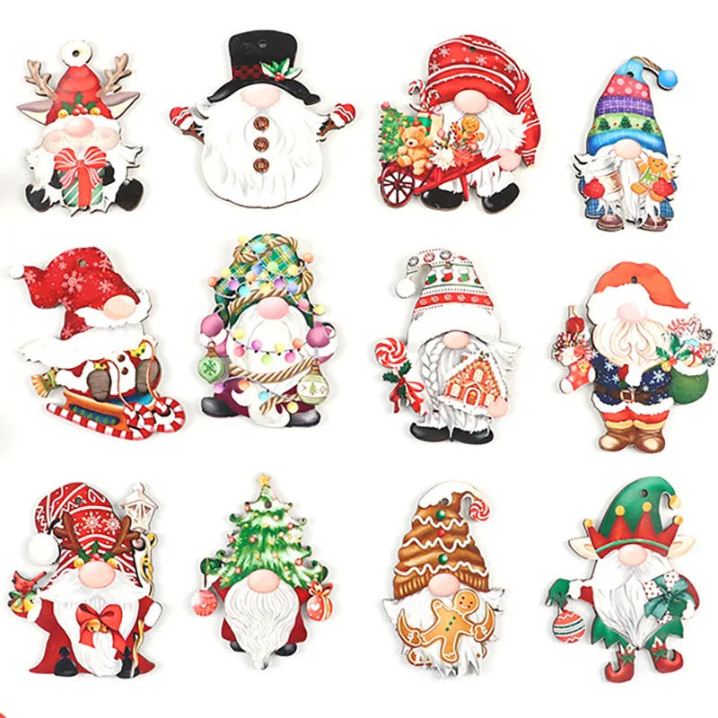 

(12 Pcs/pack)Christmas Wooden Faceless Person Pendant Wooden Hanging Tag Painted Chip Children's Cartoon Holiday Decoration