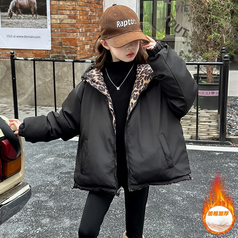 Girls Fashion Leopard Print Jackets for Children Coats Oversized Jackets Winter Warm Two Side Wearing Hooded Coat for 4-14Y Kids