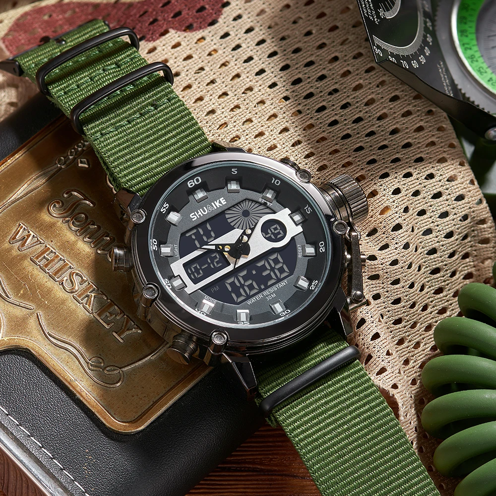 Reloj de cuarzo de negocios para hombre, reloj de cuarzo electrónico LED con pantalla Dual, reloj multifuncional resistente al agua, caja de aleación, correa de nailon