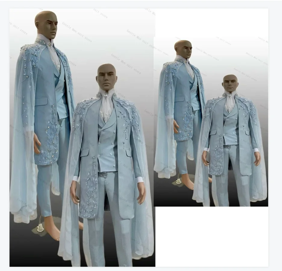 

Light Blue Wrap Men Suit Set 3 Pcs Blazer+Vest+Pants Trousers Groom Wedding Tuxedos Formal Office Jacket Prom Coat Customized