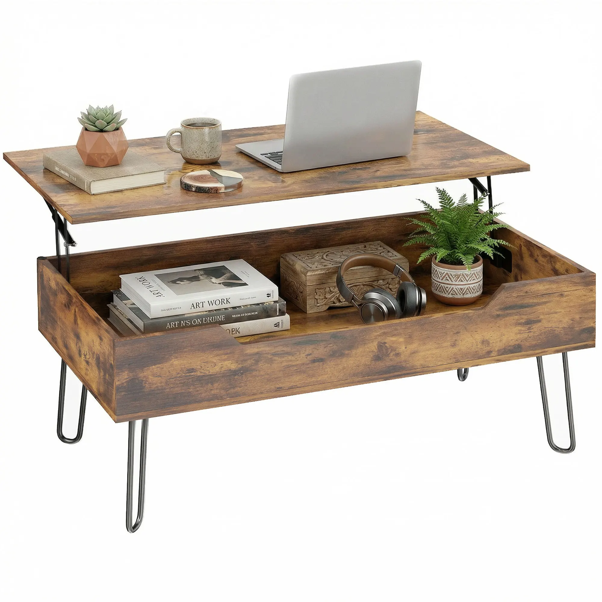 HOMCOM Mesa de Centro Elevable Compartimento Oculto 95x50x40 cm Marrón Rústico