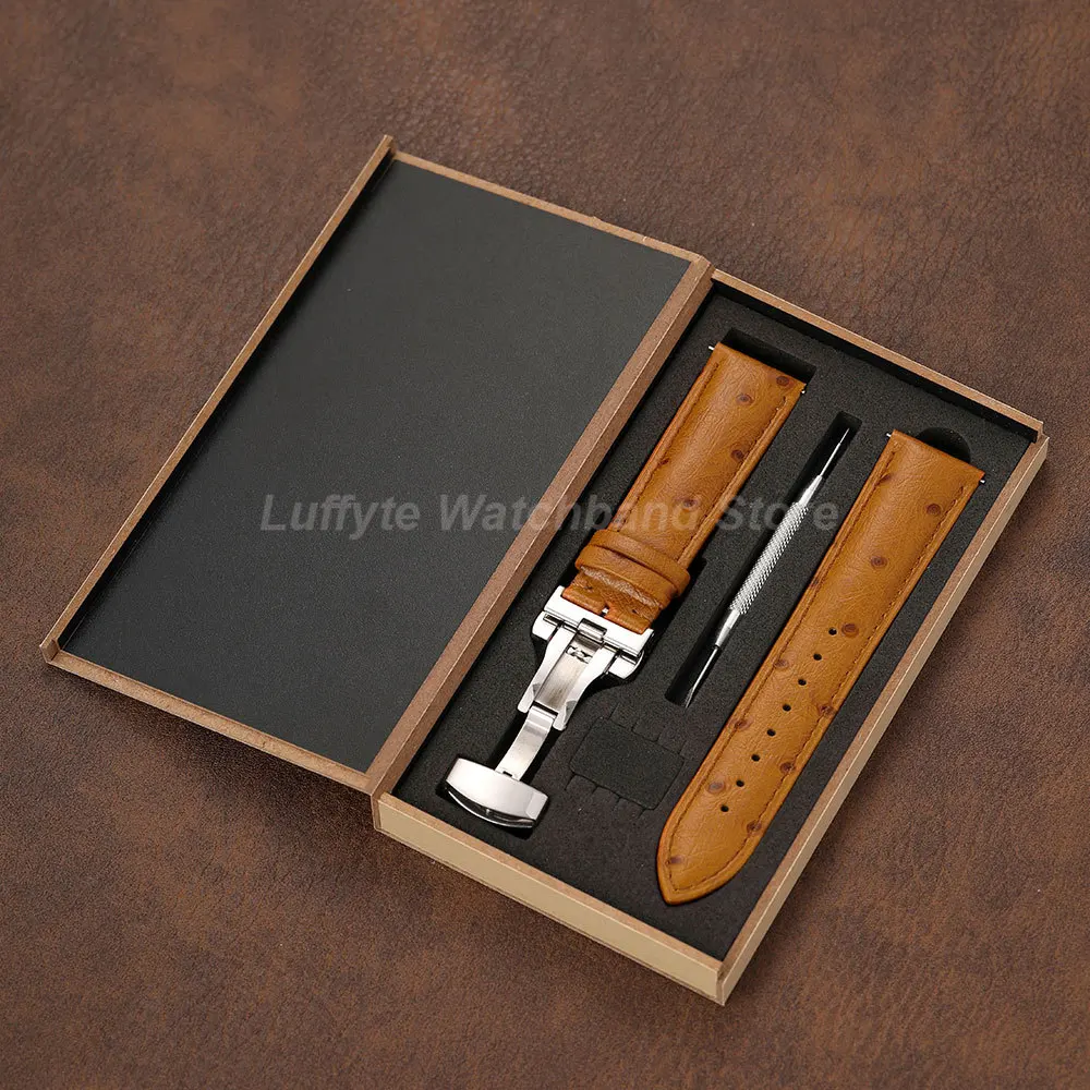 Unisex-Armband mit Straußenleder-Textur, 18, 20, 22 mm, Schnellverschluss, Edelstahl, Butterfly-Schnalle, Business-Armband mit Geschenkbox