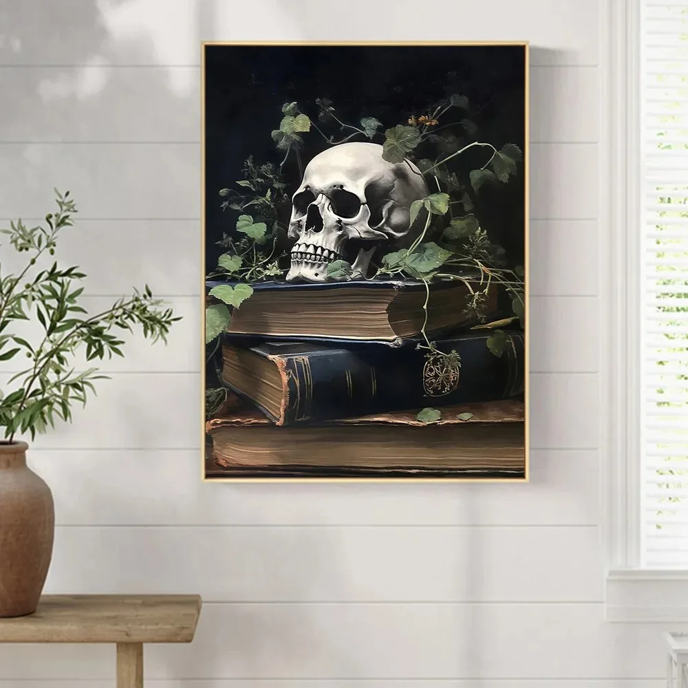 Vintage Gothic Wall Decor Skeleton Spooky Posters And Prints Dark Academia Floral Skull Canvas Art Painting For Living Room